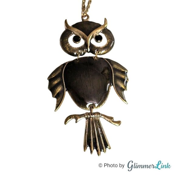 Articulated Enameled Owl Long Antiqued Gold Tone Chain Necklace - Picture 7 of 14